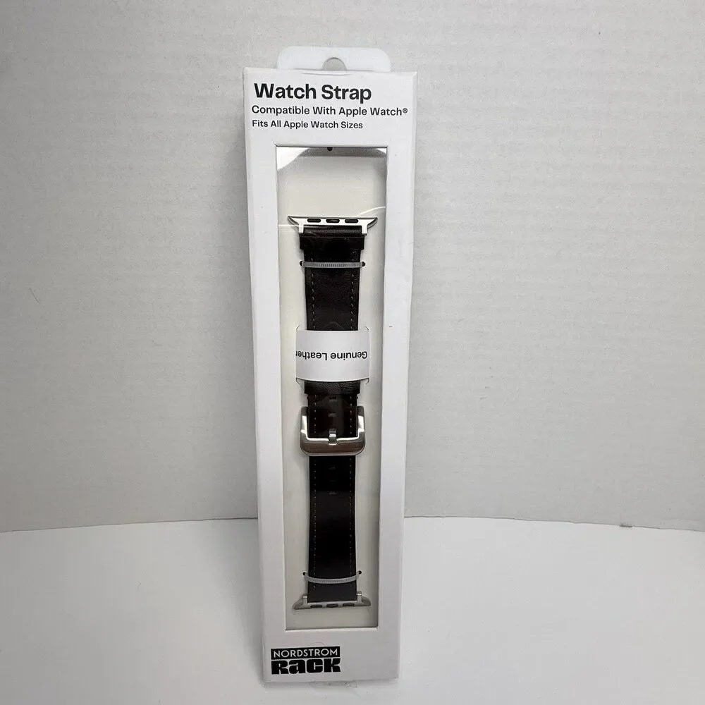 Nordstrom Rack 100% Leather Apple Watch Band In Chocolate Brown & Silver New